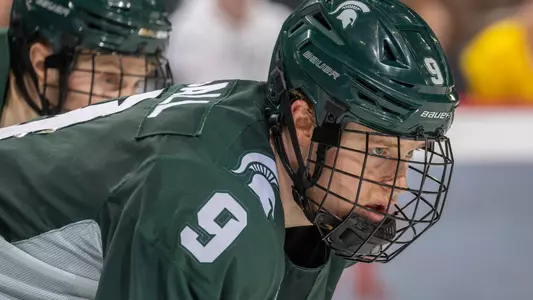 DETROIT, MI - FEBRUARY 11: during the third period of an NCAA Men’s college hockey Dual in the D game at Little Caesars Arena on February 11, 2023 in Detroit, Michigan. The Wolverines defeated the Spartans 4-3 in O.T. (Photo by Dave Reginek/Getty Images) *** Local Caption ***
