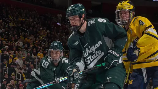 DETROIT, MI - FEBRUARY 11: during the second period of an NCAA Men’s college hockey Dual in the D game at Little Caesars Arena on February 11, 2023 in Detroit, Michigan. The Wolverines defeated the Spartans 4-3 in O.T. (Photo by Dave Reginek/Getty Images) *** Local Caption ***