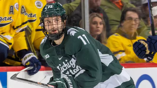 DETROIT, MI - FEBRUARY 11: during the third period of an NCAA Men’s college hockey Dual in the D game at Little Caesars Arena on February 11, 2023 in Detroit, Michigan. The Wolverines defeated the Spartans 4-3 in O.T. (Photo by Dave Reginek/Getty Images) *** Local Caption ***