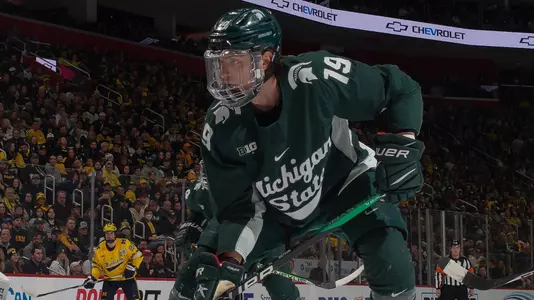 DETROIT, MI - FEBRUARY 11: during the second period of an NCAA Men’s college hockey Dual in the D game at Little Caesars Arena on February 11, 2023 in Detroit, Michigan. The Wolverines defeated the Spartans 4-3 in O.T. (Photo by Dave Reginek/Getty Images) *** Local Caption ***