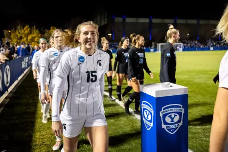 DK2311-02 050
DK2311-02 wSOC Michigan State vs Brigham Young University
This was the Sweet 16 matchup of the Michigan State women’s soccer team against Brigham Young University on South Field in Provo, Utah. Michigan State was the first to score on a shot outside of the box in the second half, and BYU followed up by scoring a penalty kick to tie the game. BYU would score 2 more goals to win the game 3-1, and Michigan State’s run at the NCAA title would come to an end. 
Michigan State: 1
BYU: 3
November 18, 2023
Photo by Donovan Kelly
photo.byu.edu