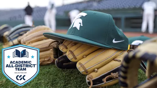 Spartan head hat and glove photo with CSC Academic All-District Logo