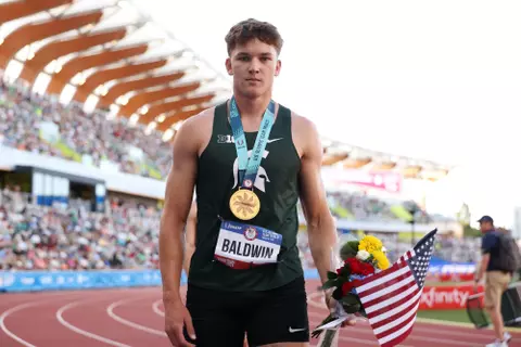 EUGENE, OREGON - JUNE 22: Heath Baldwin poses with his gold medal after winning the men's decathlon on Day Two of the 2024 U.S. Olympic Team Track & Field Trials at Hayward Field on June 22, 2024 in Eugene, Oregon. (Photo by Christian Petersen/Getty Images)