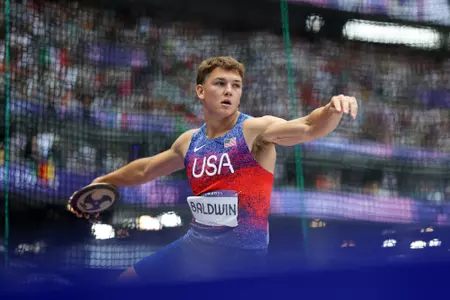 PARIS, FRANCE - AUGUST 03: Heath Baldwin of Team United States competes during the Men's Decathlon Discus Throw on day eight of the Olympic Games Paris 2024 at Stade de France on August 03, 2024 in Paris, France. (Photo by Patrick Smith/Getty Images)