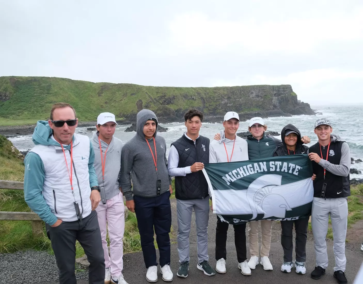 Team at the historic giants causeway on the coast of Northern Ireland