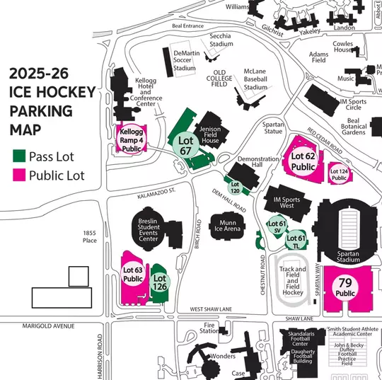 2025-26 Hockey Parking Map with lots numbered based on if they are public or paid.