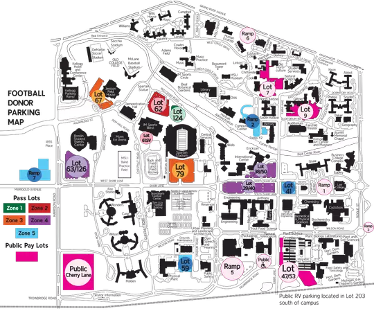 2026 Football Parking Map layout showing different locations with pass lots and public lots