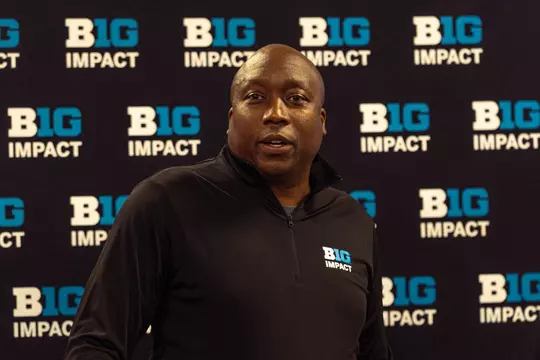 Big Ten Senior Vice President of Community & Impact, Omar Brown, speaks at the B1G Build Initiative Project At Pattengill School.