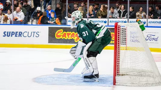 MSUs Joshua Ravensbergen, #31, watches the net on Saturday, Oct. 17, 2026, at Blue Cross Blue Shield Arena. RIT Athletics / Elizabeth Robertson.