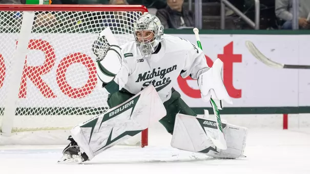 Josh Ravensbergen makes a save at Munn Ice Arena