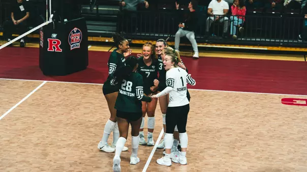 Volleyball at Rutgers huddle 2026
