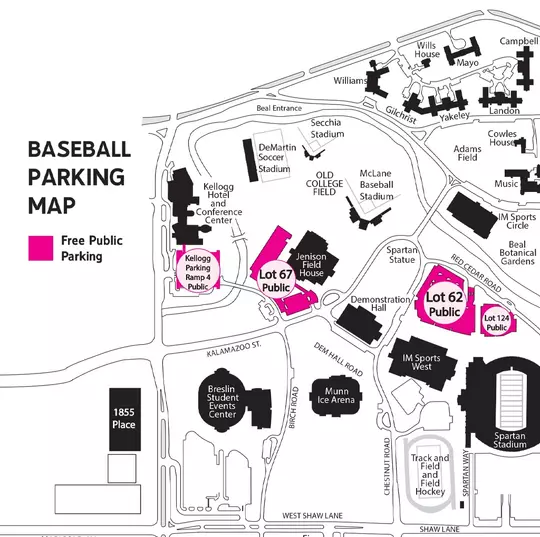 Baseball Parking Map locations on MSU Campus