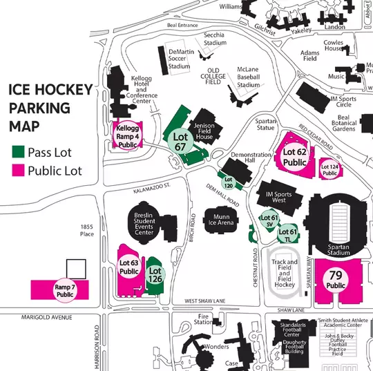 Ice Hockey Parking map showing parking locations on msu campus