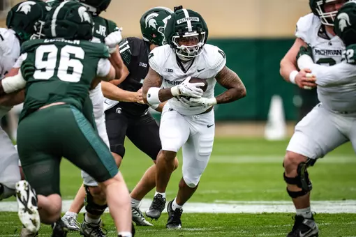 Jaziun Patterson runs the ball during the 2026 Spring Showcase at Spartan Stadium.
