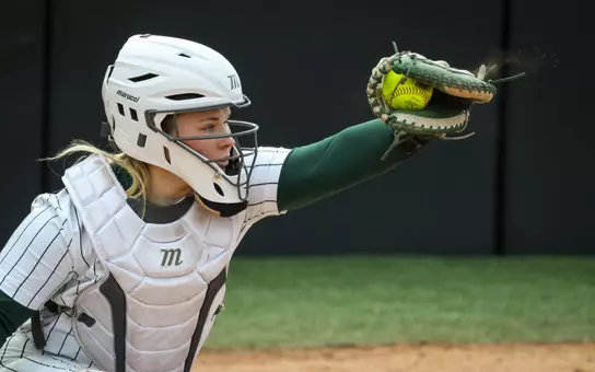 Sophia Grillo behind the plate at a game at Secchia Stadium