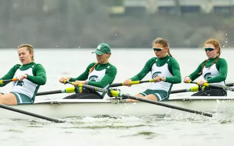 MSU's varsity eight in an early April race: 3- Lillian Davidson-Walshe, 4-Ruby Vanden Boom, 5-Maddie Kieft, 6-Ava Woodard