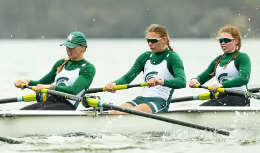 MSU's varsity eight in an early April race: 3- Lillian Davidson-Walshe, 4-Ruby Vanden Boom, 5-Maddie Kieft, 6-Ava Woodard