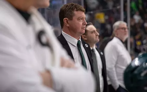 Adam Nightingale on the bench during the Duel in the D game at Little Caesars Arena in 2026