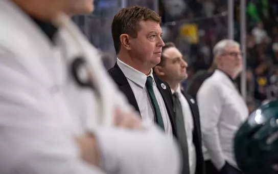 Adam Nightingale on the bench during the Duel in the D game at Little Caesars Arena in 2026