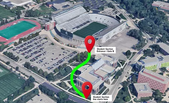 Student Section Entrance Line for football map showing where the line starts at Gate B