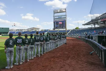 2025 MSU Baseball Team during the National Anthem before 2025 Big Ten Tournament game in Omaha.
