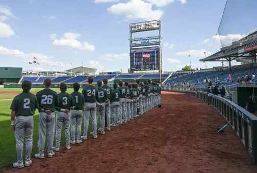 2025 MSU Baseball Team during the National Anthem before 2025 Big Ten Tournament game in Omaha.