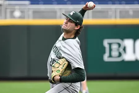 Aidan Donovan fires a pitch vs. Purdue in the first round of the Big Ten Tournament