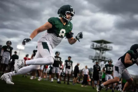 Trey Lisle goes through a drill at spring practice in 2026.