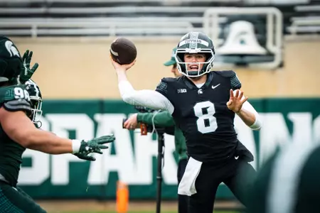 Kayd Coffman goes through a drill at the 2026 Spring Showcase in Spartan Stadium.