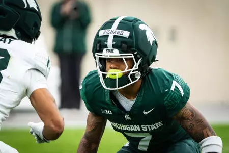 Michael Richard goes through a drill at the 2026 Spring Showcase in Spartan Stadium.