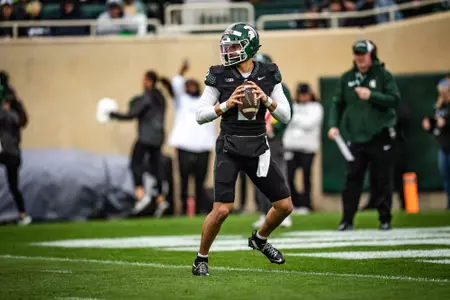 Cam Fancher goes through a drill at the 2026 Spring Showcase in Spartan Stadium.