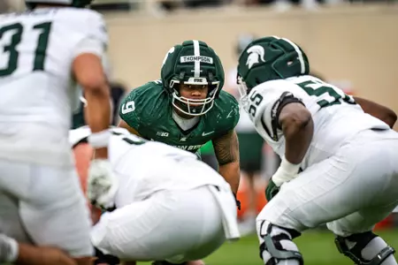 Keahnist Thompson lines up on defense at the 2026 Spring Showcase in Spartan Stadium.