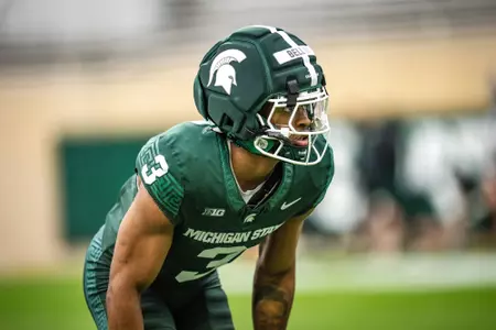 Tre Bell goes through a drill at the 2026 Spring Showcase in Spartan Stadium.