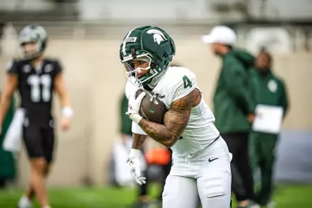 Jaziun Patterson runs during a scrimmage period at the 2026 Spring Showcase in Spartan Stadium.