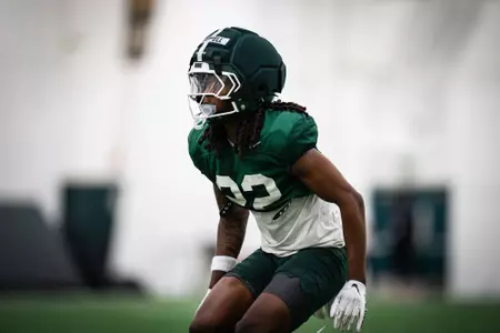 Tyran Chappell goes through a drill at spring practice in April 2026.
