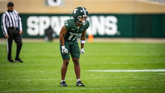 Jonathan Granby lines up on defense at the 2026 Spring Showcase in Spartan Stadium.
