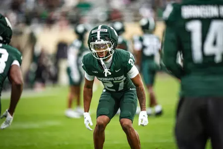 TJ Umenyiora lines up on defense during the 2026 Spring Showcase in Spartan Stadium.