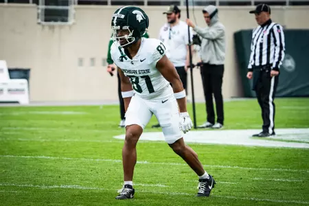 Colin Charles lines up on offense at the 2026 Spring Showcase in Spartan Stadium.