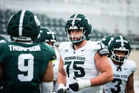 Ben Murawski lines up on offense at the 2026 Spring Showcase in Spartan Stadium.