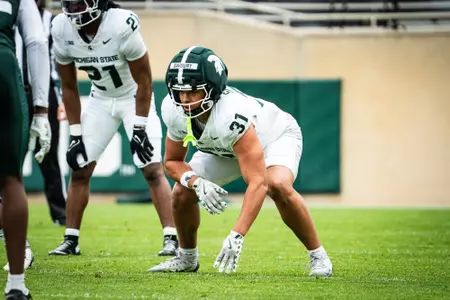 Jayden Savoury lines up at tight end during the 2026 Spring Showcase in Spartan Stadium.