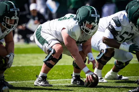 Trent Fraley lines up at center during spring practice in 2026.