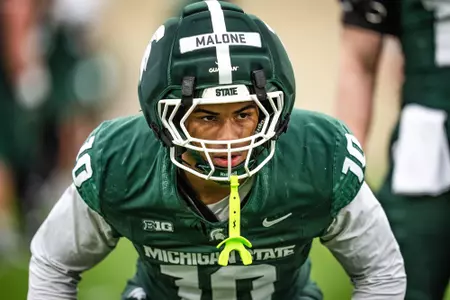DiMari Malone lines up during the 2026 Spring Showcase in Spartan Stadium.