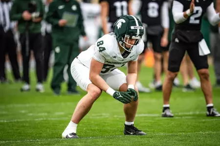 Eddie Whiting lines up at the 2026 Spring Showcase at Spartan Stadium.