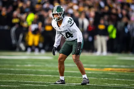 Khalil Majeed lines up on defense at Iowa in 2025.