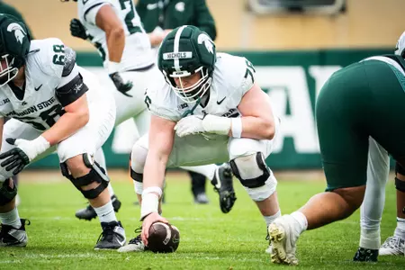 Drew Nichols lines up on offense at the 2026 Spring Showcase in Spartan Stadium.
