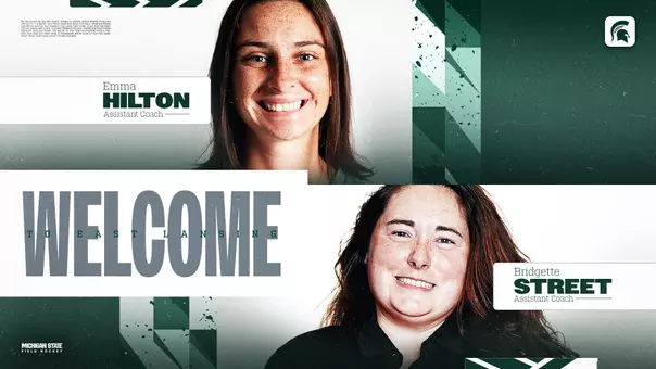 Graphic announcing Emma Hilton and Bridgette Street as Field Hockey Assistant Coaches in 2026