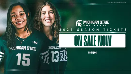 2026 Volleyball Season Ticket Memberships On Sale graphic with a photo of two volleyball players and a call to action to click the image