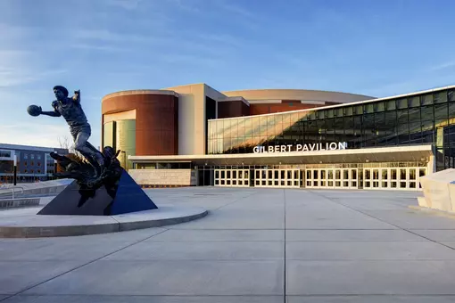 Breslin Center Outside with a statue of Magic Johnson
