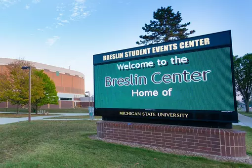 Photo of the Breslin Center with sign