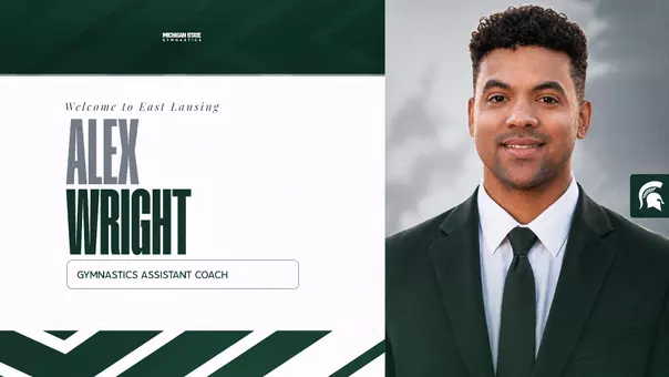 Graphic for hiring of Alex Wright, assistant gymnastics coach